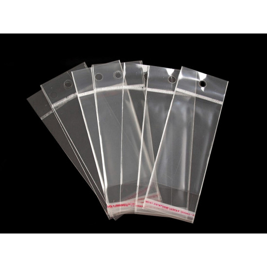 Torebki foliowe z paskiem klejącym i zawieszką 5x9 cm - Transparent (100 Sztuki) Torebki foliowe z paskiem klejącym i zawieszką 5x9 cm - Transparent (100 Sztuki)