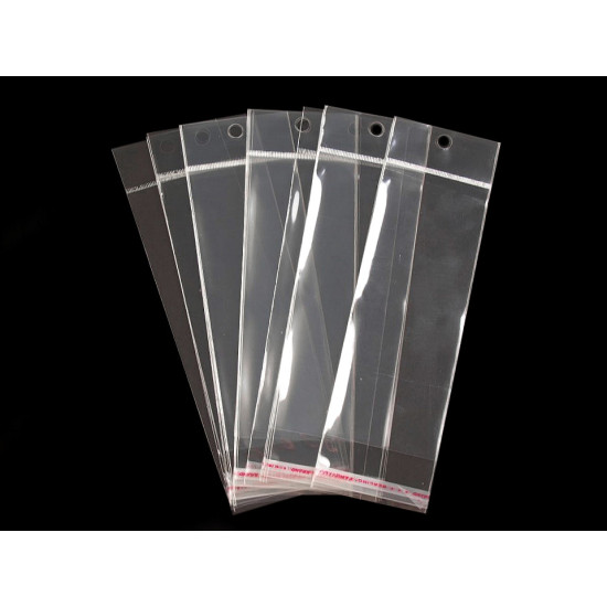 Torebki foliowe z paskiem klejącym i zawieszką 6x15 cm - Transparent (100 Sztuki) Torebki foliowe z paskiem klejącym i zawieszką 6x15 cm - Transparent (100 Sztuki)