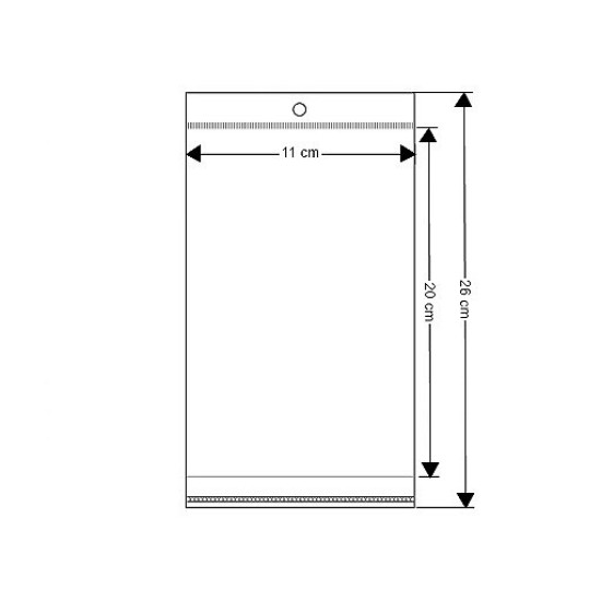 Torebki foliowe z paskiem klejącym i zawieszką 11x20 cm - Transparent (100 Sztuki) Torebki foliowe z paskiem klejącym i zawieszką 11x20 cm - Transparent (100 Sztuki)