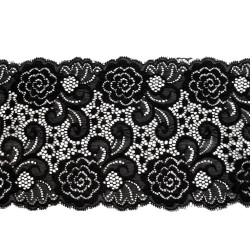 Elastic lace trim width 15 cm - Black (1 Meter)