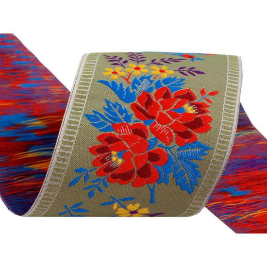 Polyester folk costume patterned ribbon width 55mm - White (1 Meter) Polyester folk costume patterned ribbon width 55mm - White (1 Meter)