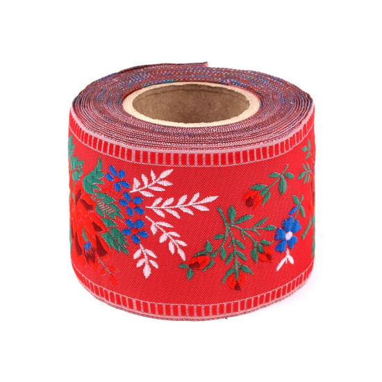 Polyester folk costume patterned ribbon width 55mm - White (1 Meter) Polyester folk costume patterned ribbon width 55mm - White (1 Meter)