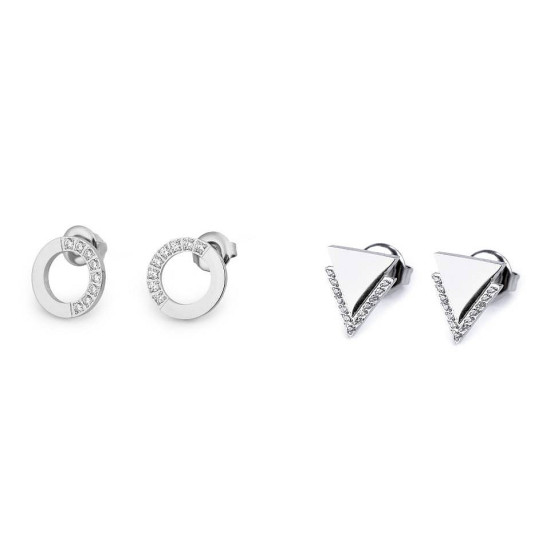 Aros de acero inoxidable, triángulos con pedrería - Plata (4 Pares) Aros de acero inoxidable, triángulos con pedrería - Plata (4 Pares)