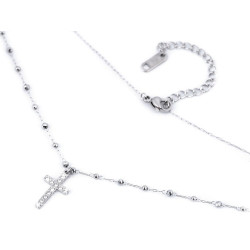 Stainless steel necklace, cross with rhinestones - Silver (1 Piece)