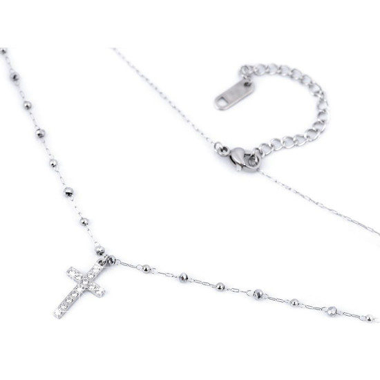 Stainless steel necklace, cross with rhinestones - Silver (1 Piece) Stainless steel necklace, cross with rhinestones - Silver (1 Piece)