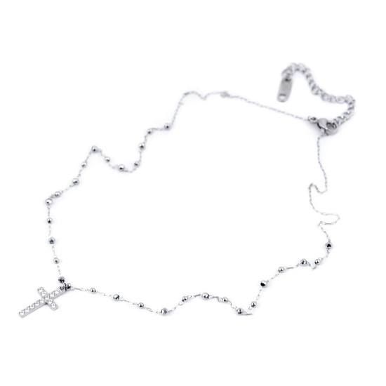 Stainless steel necklace, cross with rhinestones - Silver (1 Piece) Stainless steel necklace, cross with rhinestones - Silver (1 Piece)