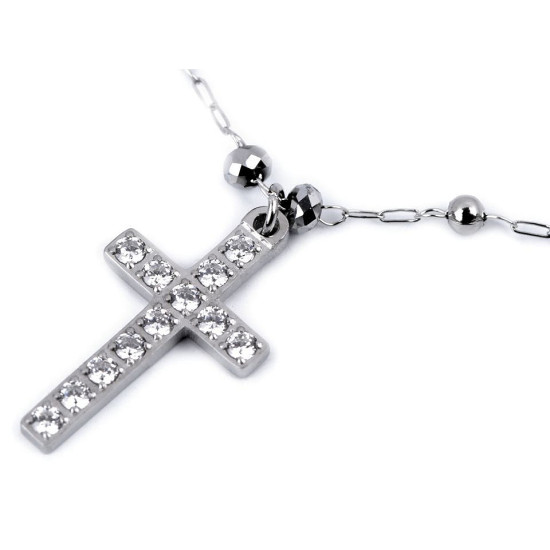 Stainless steel necklace, cross with rhinestones - Silver (1 Piece) Stainless steel necklace, cross with rhinestones - Silver (1 Piece)