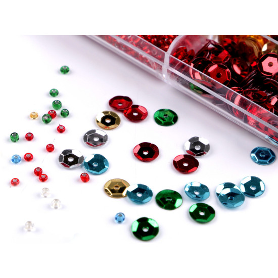 Set of seed beads and sequins in a plastic box - Mix of colours (1 Set)