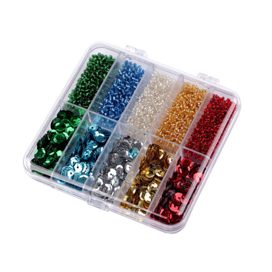 Set of seed beads and sequins in a plastic box - Mix of colours (1 Set)