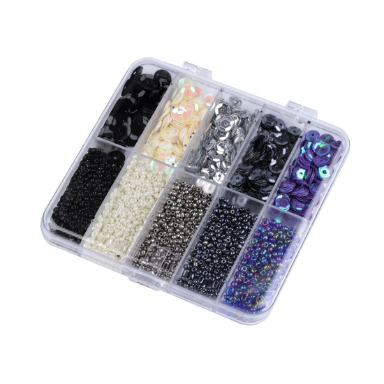 Set of seed beads and sequins in a plastic box - Mix of colours (1 Set)