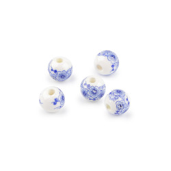 Porcelán gyöngy virággal ø10 mm - Kék (30 Darabok)