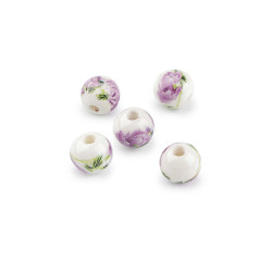 Porcelán gyöngy virággal ø10 mm - Lila (30 Darabok)