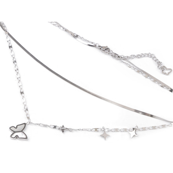 Collier double en acier inoxydable avec papillon en nacre - Argent (1 Pièce) Collier double en acier inoxydable avec papillon en nacre - Argent (1 Pièce)