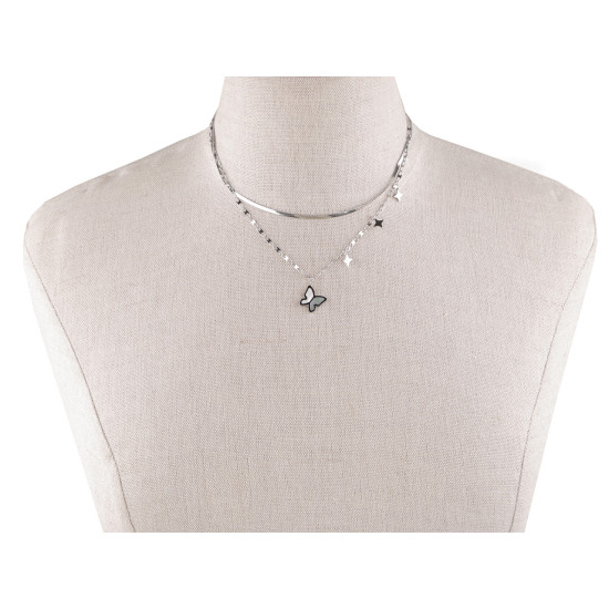 Collier double en acier inoxydable avec papillon en nacre - Argent (1 Pièce) Collier double en acier inoxydable avec papillon en nacre - Argent (1 Pièce)