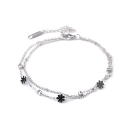 Double stainless steel bracelet with rhinestones and flowers - Silver (1 Piece)