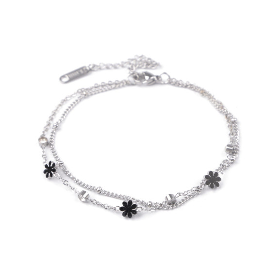 Armband aus edelstahl zweireihig, blumen und geschliffene steinchen - Silber (1 Stück) Armband aus edelstahl zweireihig, blumen und geschliffene steinchen - Silber (1 Stück)