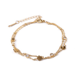 Double stainless steel bracelet with rhinestones and flowers - Gold (1 Piece)