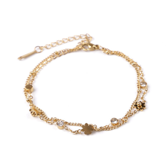 Armband aus edelstahl zweireihig, blumen und geschliffene steinchen - Silber (1 Stück) Armband aus edelstahl zweireihig, blumen und geschliffene steinchen - Silber (1 Stück)
