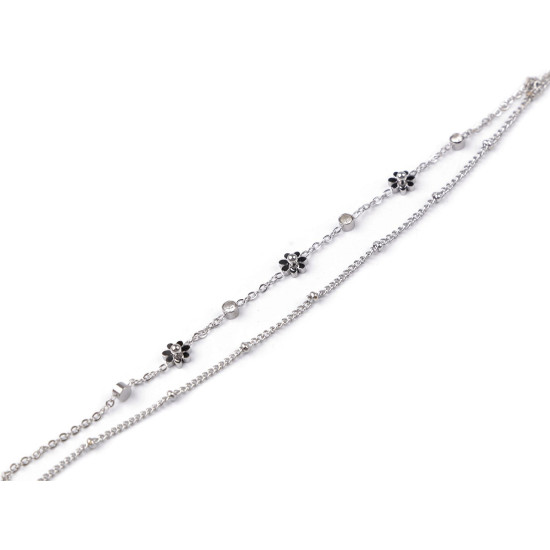 Armband aus edelstahl zweireihig, blumen und geschliffene steinchen - Silber (1 Stück) Armband aus edelstahl zweireihig, blumen und geschliffene steinchen - Silber (1 Stück)