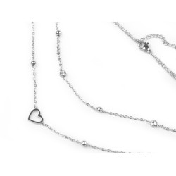 Double stainless steel necklace with rhinestones and heart - Silver (1 Piece)