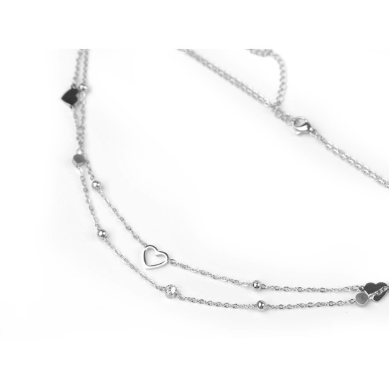 Double stainless steel necklace with rhinestones and heart - Silver (3 Pieces) Double stainless steel necklace with rhinestones and heart - Silver (3 Pieces)