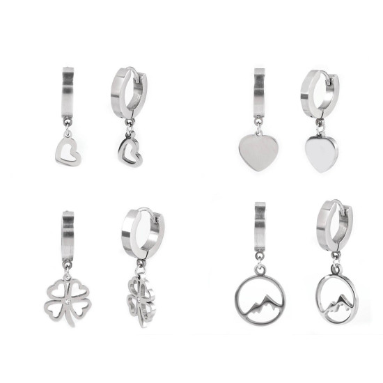 Boucles d'oreilles en acier inoxydable - cœur, trèfle à quatre feuilles, montagne - Argent (1 Paire) Boucles d'oreilles en acier inoxydable - cœur, trèfle à quatre feuilles, montagne - Argent (1 Paire)
