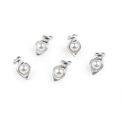Metal charm pendant / zip puller - flower with pearl 3d 9x18 mm - Platinum (5 Pieces)