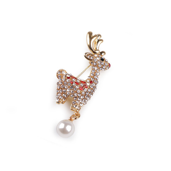 Brooch with rhinetones and pearl, reindeer - Crystal (1 Piece) Brooch with rhinetones and pearl, reindeer - Crystal (1 Piece)