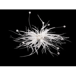 Feather brooch with pearls and cut beads - White (1 Piece)