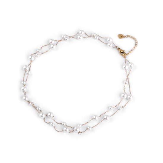 Double stainless steel necklace with glass beads - Pearl (1 Piece) Double stainless steel necklace with glass beads - Pearl (1 Piece)