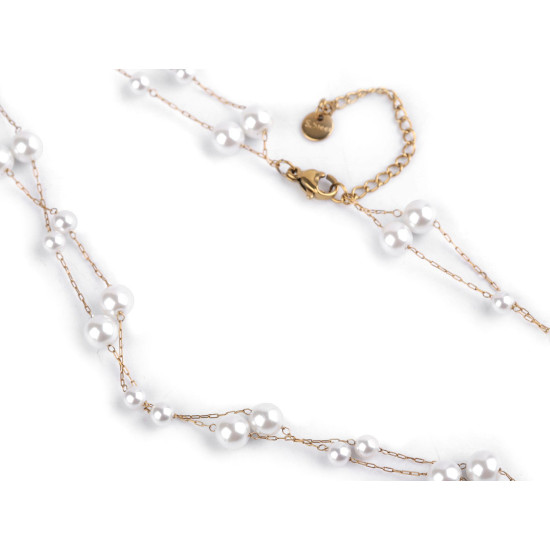 Double stainless steel necklace with glass beads - Pearl (1 Piece) Double stainless steel necklace with glass beads - Pearl (1 Piece)