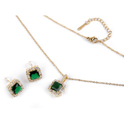 Conjunto de collar y pendientes de acero inoxidable con pedrería - Esmeralda (1 Juego)