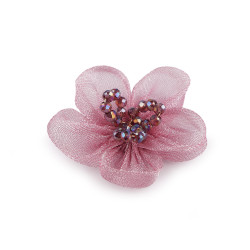 Kwiat z organzy z szlifowanymi koralikami do przyklejenia / do przyszycia ø4,5 cm - Stary róż (2 Sztuki)