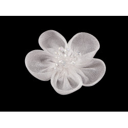 Kwiat z organzy z szlifowanymi koralikami do przyklejenia / do przyszycia ø4,5 cm - White (2 Sztuki)