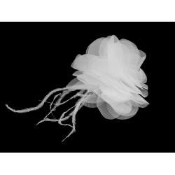 Chiffon flower with feathers, to sew-on, glue-on ø8-9 cm - White (1 Piece)