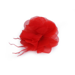 Chiffon flower with feathers, to sew-on, glue-on ø8-9 cm - Red (1 Piece)