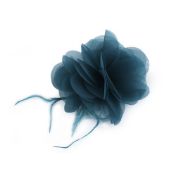 Chiffon flower with feathers, to sew-on, glue-on ø8-9 cm - Paraffin blue (1 Piece)