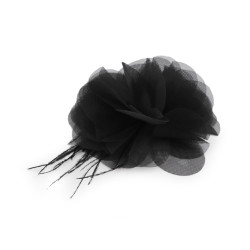 Chiffon flower with feathers, to sew-on, glue-on ø8-9 cm - Black (1 Piece)