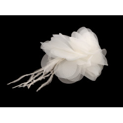 Chiffon flower with feathers, to sew-on, glue-on ø8-9 cm - Cream lightest (1 Piece)