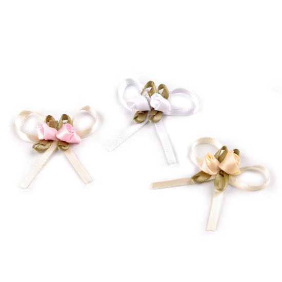 Pleated bow with a rose / boutonniere - White (60 Pieces) Pleated bow with a rose / boutonniere - White (60 Pieces)
