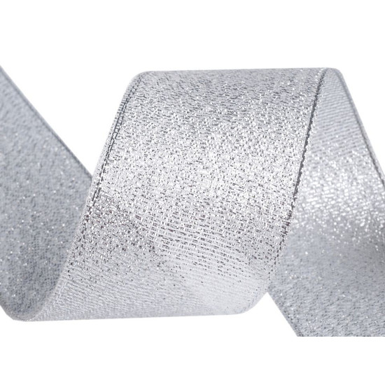 Wstążka brokatowa szerokość 38 mm z lureksem - Srebrny (1 Metr) Wstążka brokatowa szerokość 38 mm z lureksem - Srebrny (1 Metr)