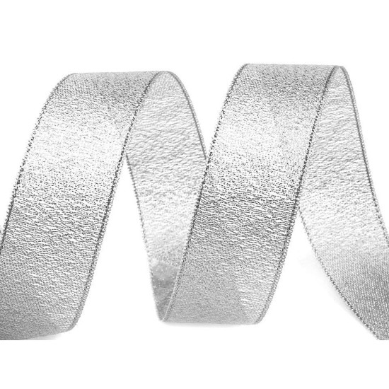 Wstążka brokatowa szerokość 25 mm z lureksem - Srebrny (1 Metr) Wstążka brokatowa szerokość 25 mm z lureksem - Srebrny (1 Metr)