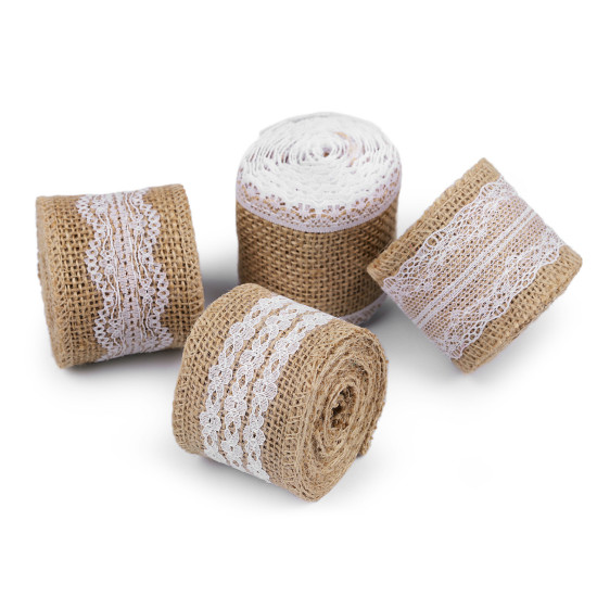 Ruban de jute avec dentelle, largeur 50 mm, 60 mm - Ecru natural (4 Pièces) Ruban de jute avec dentelle, largeur 50 mm, 60 mm - Ecru natural (4 Pièces)
