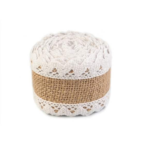 Jute ribbon with cotton lace width 54 mm - White (1 Piece)