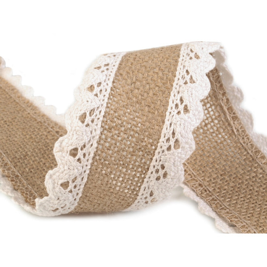 Jute ribbon with cotton lace width 54 mm - White (1 Piece)