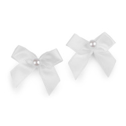 Satin bow 30x35 mm with bead - White (10 Pieces)