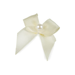 Satin bow 30x35 mm with bead - Creamy light (10 Pieces)