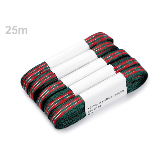 Wstążka szerokość 6 mm kratka z lureksem - Czerwony (180 Metry)