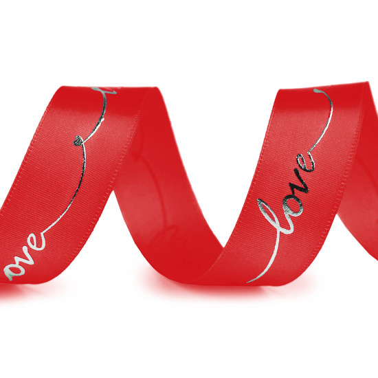 Wstążka satynowa z metalicznym nadrukiem love szerokość 26 mm - Czerwony (1 Metr) Wstążka satynowa z metalicznym nadrukiem love szerokość 26 mm - Czerwony (1 Metr)