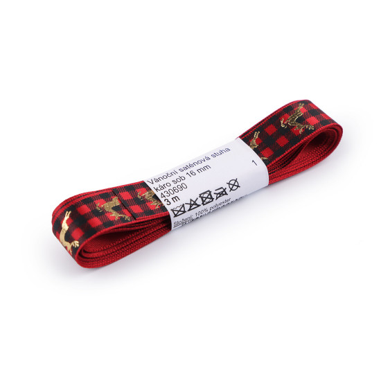 Christmas satin ribbon checkered width 16 mm, reindeer - Red (21 Meters) Christmas satin ribbon checkered width 16 mm, reindeer - Red (21 Meters)